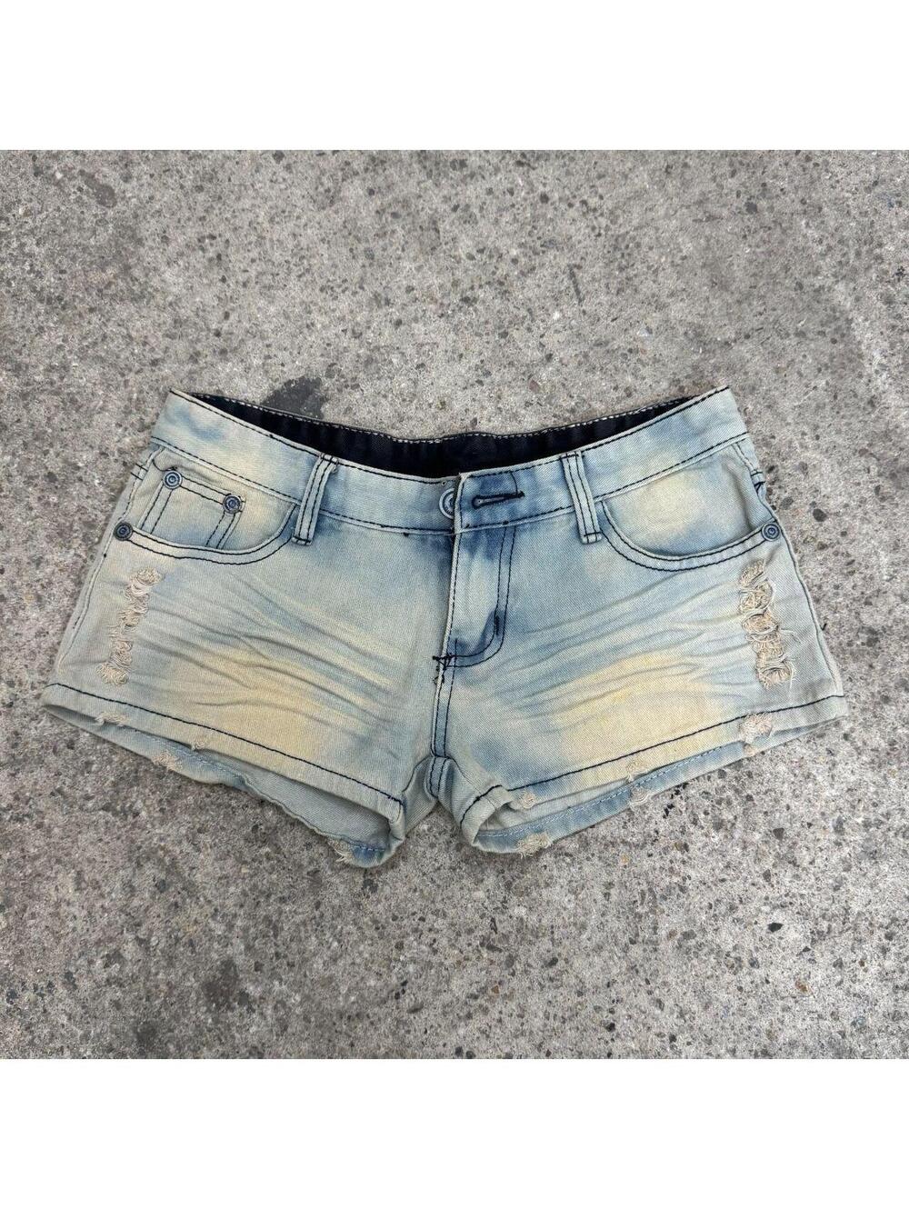Vintage Y2K Low Rise Denim Micro Shorts Light Wash - Picture 1 of 7